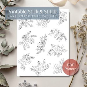 Modello di ricamo a mano con fiori, bastone e punto stampabile, modello PDF botanico, modello di ricamo download digitale, regalo fatto a mano fai da te