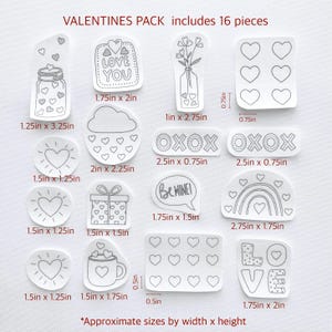 May include: A set of 16 printable Valentine's Day stickers featuring various designs, including hearts, a jar, a cloud, a rainbow, a gift box, a mug, and the words "Love You", "XOXO", and "Be Mine!". The stickers are black and white and measure approximately 1.75 inches by 2 inches.