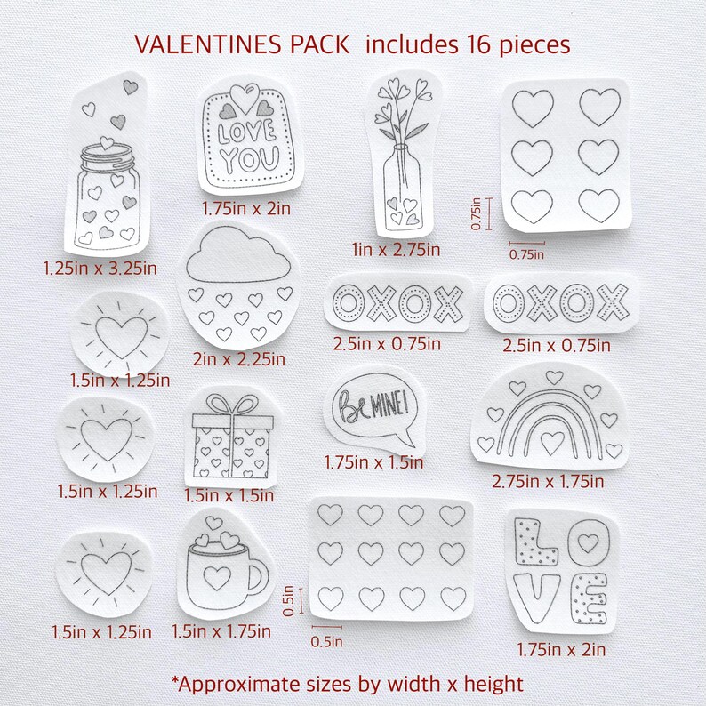 May include: A set of 16 printable Valentine's Day stickers featuring various designs, including hearts, a jar, a cloud, a rainbow, a gift box, a mug, and the words "Love You", "XOXO", and "Be Mine!". The stickers are black and white and measure approximately 1.75 inches by 2 inches.