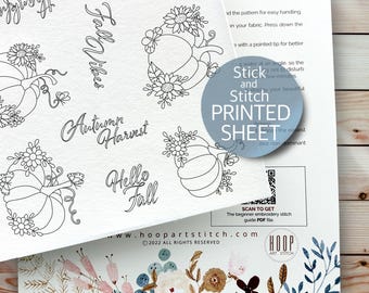 May include: A printable embroidery pattern sheet featuring various autumn-themed designs, including pumpkins, flowers, and text phrases like "Fall Vibes", "Autumn Harvest", and "Hello Fall".