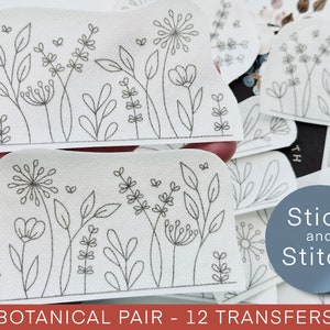 Botanical pair hand embroidery pattern, stick and stitch transfer patch, peel and stick embroidery paper, trendy embroidery pack for clothes