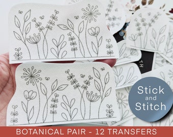 Botanical pair hand embroidery pattern, stick and stitch transfer patch, peel and stick embroidery paper, trendy embroidery pack for clothes