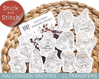 Halloween gnomes stick and stitch embroidery patterns, cute peel and stick transfer patch, spooky embroidery paper, embroidery for clothes