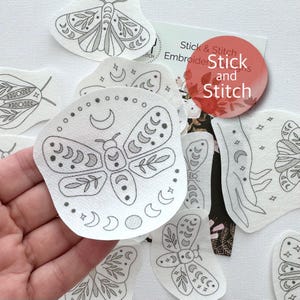 Stick and Stitch Celestial Butterflies, Moths Embroidery Patterns, Peel and Stick Transfers, Water-Soluble Paper, Hand Embroidery Designs