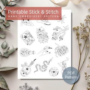 Witchy Halloween embroidery pattern, printable stick n stitch design, spooky embroidery design, embroidery clothing, digital download PDF