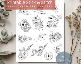 Witchy Halloween embroidery pattern, printable stick n stitch design, spooky embroidery design, embroidery clothing, digital download PDF