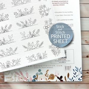 Flower pair embroidery pattern, stick and stitch printed sheet, peel and stick transfer patch, wash away stabilizer, embroidery for clothes