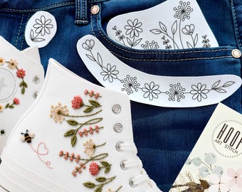 Par de parches florales para pegar y bordar, diseño de bolsillo, parches de lona personalizados para zapatillas, patrón para despegar y pegar en zapatillas altas.