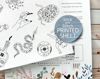 Witchy Halloween embroidery pattern, stick and stitch printed sheet, spooky peel and stick embroidery paper, wash away transfer patch
