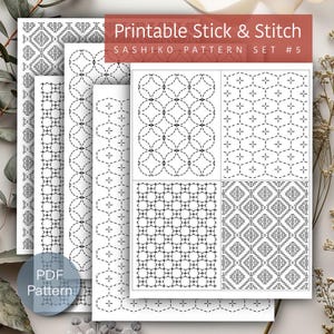 May include: Printable stick and stitch Sashiko pattern set #5.  Five black and white geometric patterns on white paper.  PDF pattern.