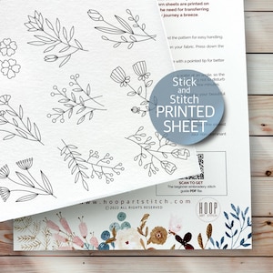 Simple floral embroidery pattern, stick and stitch printed sheet, peel and stick transfer patch, wash away stabilizer, embroidery clothes
