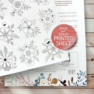 Mini bouquets embroidery pattern, stick and stitch printed sheet, hand embroidery bee, peel and stick transfer patch, wash away stabilizer