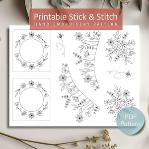 Könnte beinhalten: Ein druckbares Handstickmusterbogen mit floralen und Bienenmotiven. Der Bogen enthält kreisförmige Rahmen, Blumenarrangements und Bienenmotive. Der Text "Printable Stick & Stitch Hand Embroidery Pattern" ist oben angezeigt.
