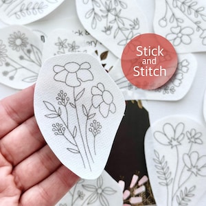 Floral stick and stitch embroidery pattern, botanical embroidery transfer patch, peel and stick embroidery paper, hand embroidery design DIY