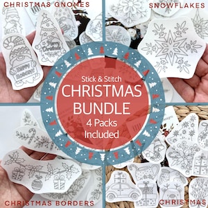 Könnte beinhalten: Ein Weihnachtsbündel mit Stick- und Stitch-Designs. Das Bundle enthält vier Packungen mit Designs: Weihnachtszwerge, Schneeflocken, Weihnachtsbordüren und andere weihnachtliche Designs. Die Designs sind in Schwarz und Weiß.