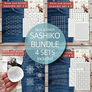 Stick and Stitch Sashiko Pattern Bundle – Set of 4 Visible Mending Embroidery Patches, Japanese Hand Sewing, Peel & Stick Repair Designs