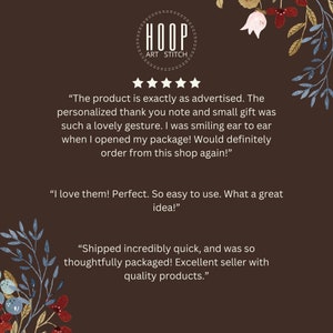 May include: Five-star customer reviews for a shop called "HOOP ART STITCH". The reviews praise the product quality, personalized thank you note, and fast shipping.