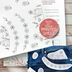 Stick and stitch floral pair sheet, pre-printed embroidery designs, dandelion dainty florals, water-soluble paper, DIY embroidery patches