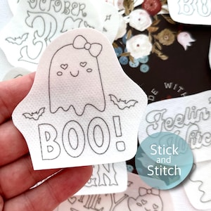 Cute Halloween stick and stitch embroidery patterns, ghost peel and stick transfer patch, spooky embroidery paper, embroidery for clothes