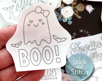 Cute Halloween stick and stitch embroidery patterns, ghost peel and stick transfer patch, spooky embroidery paper, embroidery for clothes