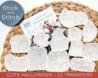 Cute Halloween stick and stitch embroidery patterns, ghost peel and stick transfer patch, spooky embroidery paper, embroidery for clothes