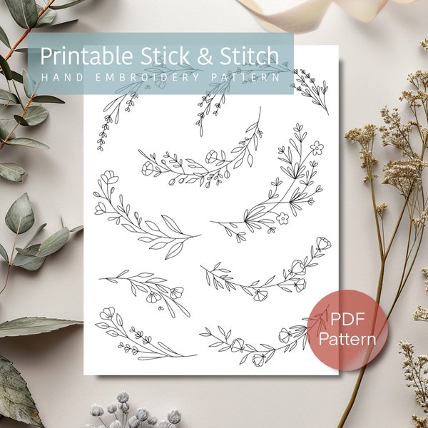Floral border hand embroidery design, Printable digital download, stick and stitch embroidery, Wildflower embroidery PDF, DIY handmade gift