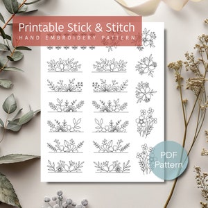 Peut inclure: Une feuille blanche avec des dessins au trait noirs de motifs de broderie florale. Le texte "Printable Stick & Stitch" et "Hand Embroidery Pattern" est en haut. Un bouton "PDF Pattern" est en bas à droite.