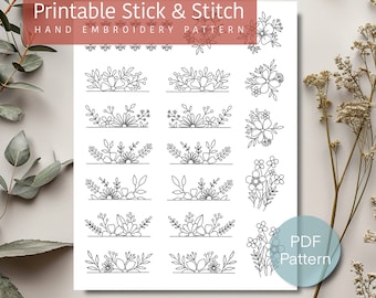 Patrón de bordado a mano de un par de flores, imprimible y listo para bordar, patrón floral en PDF, descarga digital de patrón de bordado, regalo hecho a mano para hacer tú mismo