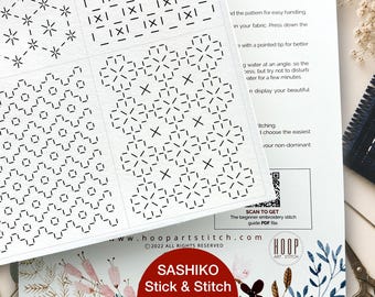 Sashiko Stick and Stitch Patterns, Japanese Visible Mending Printed Sheet, Water Soluble Embroidery Repair Patches, Set 1