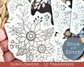 Sunflowers stick and stitch embroidery patterns, peel and stick transfer patch, botanical embroidery paper, trendy embroidery for clothes