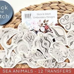 Sea animals hand embroidery pattern, stick and stitch transfer patch, peel and stick embroidery paper, trendy embroidery pack for clothes