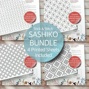 May include: A bundle of four printed Sashiko stick and stitch sheets. Each sheet features a different black and white geometric pattern. The bundle includes patterns #17, #18, #19, and #20. The text "Stick & Stitch Sashiko Bundle" is also visible.