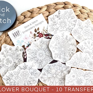 Flower bouquet stick and stitch embroidery pattern, botanical transfer patch, peel and stick embroidery paper, hand embroidery design DIY