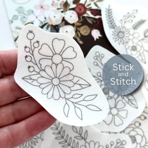 Stick and stitch embroidery design, hand embroidery flower pattern, peel and stick transfer patch, wash away embroidery paper, stick and sew