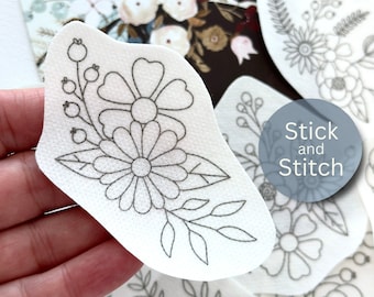 Stick and stitch embroidery design, hand embroidery flower pattern, peel and stick transfer patch, wash away embroidery paper, stick and sew