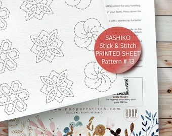 Stick and Stitch Visible Mending, Sashiko Embroidery Patch, Peel & Stick Printed Sheet, Water-Soluble Transfer, Japanese Sewing Pattern #13
