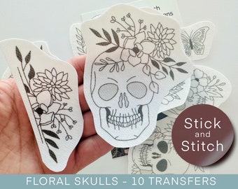 Floral skull hand embroidery pattern, stick and stitch transfer patch, peel and stick embroidery paper, trendy embroidery design for clothes