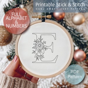 Cole e costure letras, padrão de bordado com números florais, alfabeto de bordado para impressão, design de enfeite de Natal, download digital de PDF
