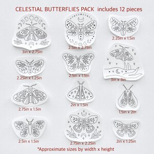 May include: A set of 12 celestial butterfly stickers in various sizes. The stickers are black and white and feature a variety of butterfly designs with moon and star accents. The stickers are approximately 2.75 inches by 2.25 inches.
