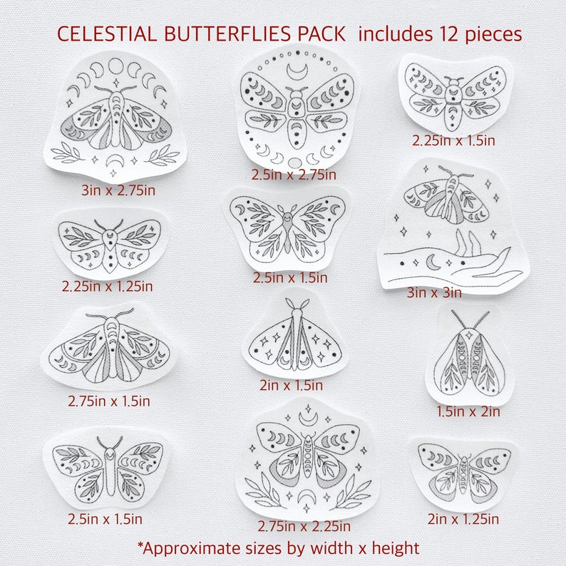 May include: A set of 12 celestial butterfly stickers in various sizes. The stickers are black and white and feature a variety of butterfly designs with moon and star accents. The stickers are approximately 2.75 inches by 2.25 inches.