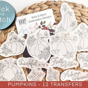 Pumpkins stick and stitch embroidery pattern, fall flowers transfer patch, Thanksgiving peel and stick embroidery paper, trendy embroidery