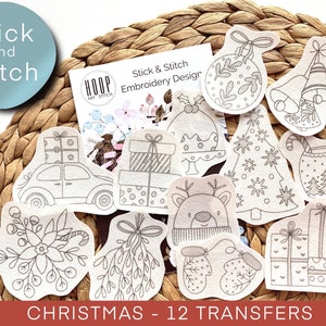 Christmas stick and stitch embroidery pattern, winter transfer patch, cute peel and stick embroidery paper, ornament embroidery pattern image 1