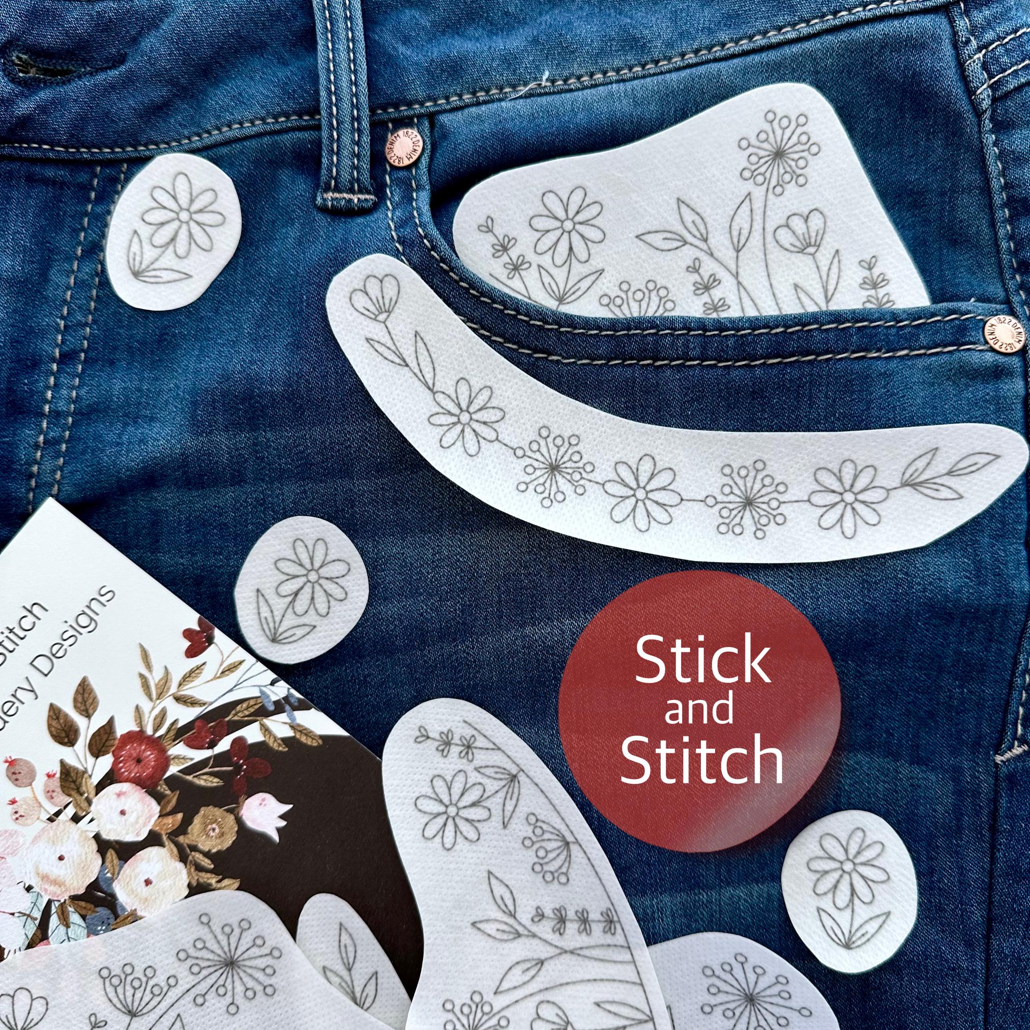 Stick and stitch floral pair, pocket embroidery design, dandelion dainty floral, peel and stick patches, water-soluble paper, DIY embroidery