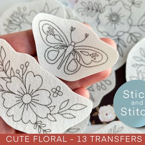 Cute floral hand embroidery pattern, stick and stitch transfer patch, peel and stick embroidery paper, trendy embroidery pack for clothes