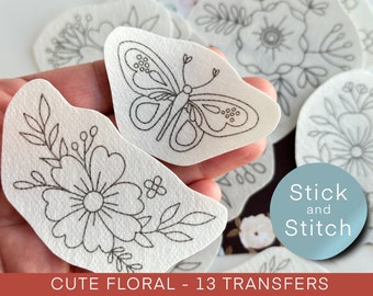 Cute floral hand embroidery pattern, stick and stitch transfer patch, peel and stick embroidery paper, trendy embroidery pack for clothes