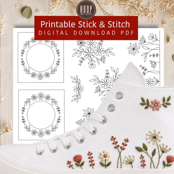 Floral Shoe Embroidery Patterns, Printable Stick and Stitch PDF, Wildflower Sneaker Embroidery Designs, Digital Download, SET #1