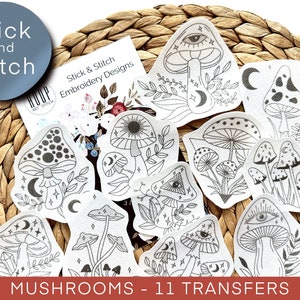 Mushrooms hand embroidery pattern, moon and magic stick and stitch design, celestial embroidery transfer patch, mystical peel and stick pack
