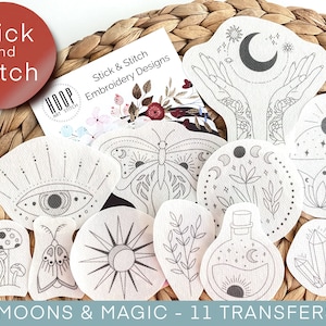 Moons and magic stick and stitch design, celestial embroidery transfer patch, mystical peel and stick pattern, embroidery kit for clothes