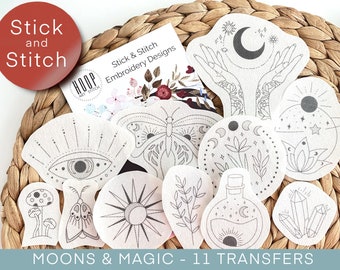 Moons and magic stick and stitch design, celestial embroidery transfer patch, mystical peel and stick pattern, embroidery kit for clothes
