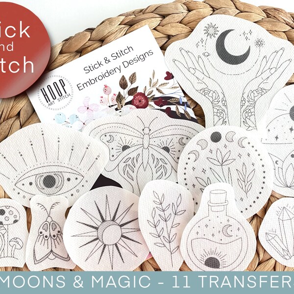 Moons and magic stick and stitch design, celestial embroidery transfer patch, mystical peel and stick pattern, embroidery kit for clothes